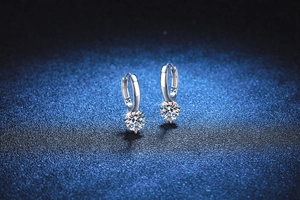 Detail of 925 sterling silver hoop earrings with six-prong set round moissanite
