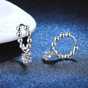Minimalist S925 silver beaded hoop earrings with moissanite drops on a blue background