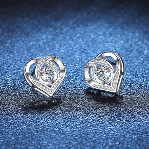 Sparkling S925 sterling silver heart-shaped stud earrings with brilliant moissanite stones