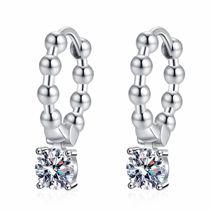 French style silver moissanite hoop earrings with round brilliant cut stones in 4-prong setting