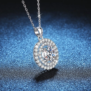 Luxurious S925 sterling silver necklace with 2 carat round Moissanite pendant and double halo