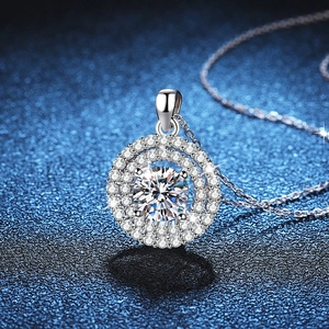 Luxury S925 sterling silver necklace with 2ct round moissanite pendant in halo setting