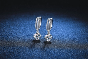 Macro shot of S925 silver earrings featuring double-row diamonds and four-claw moissanite