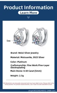 Close-up of 50 points Moissanite S925 silver earring with precise platinum plating details