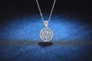 Macro detail of S925 silver concentric circles pendant with a brilliant D-color moissanite
