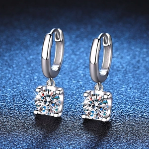 925 Sterling Silver Moissanite Hoop Earrings Sparkling Round Stone Platinum Plated Classic Dainty Jewelry For Women Gift