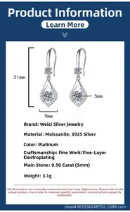 Detailed product dimensions for the S925 silver pear-cut moissanite drop earrings