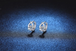 Close-up of S925 sterling silver hoop earrings with brilliant cut moissanite stones
