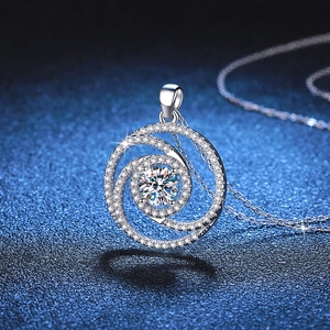 S925 Sterling Silver Windmill Necklace with Moissanite stone and triple ring spiral pendant