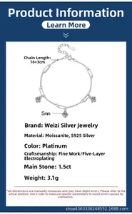 Macro detail of S925 silver bracelet featuring three round cut Moissanite charms with dimensions