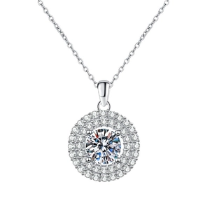 Luxurious S925 sterling silver necklace with a 2-carat Moissanite round halo pendant