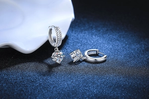 Detail of S925 silver hoop earrings with four-prong set round moissanite drop