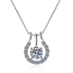 S925 sterling silver moissanite necklace featuring a horseshoe halo pendant design