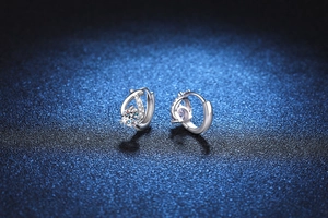 Close-up of S925 silver hoop earrings featuring round moissanite and micro-pave diamonds