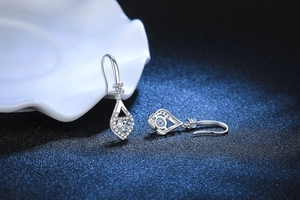 Macro detail of S925 silver teardrop earrings with central moissanite and micro-pave setting