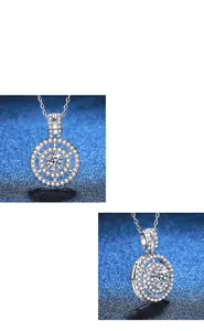 Close-up of D color moissanite pendant with double halo pavé setting and polished S925 silver