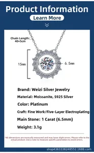 Detail view of S925 silver necklace with 1ct moissanite pendant and size specifications