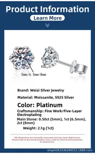 Detailed specs of S925 silver moissanite studs with 50pt to 2ct size options