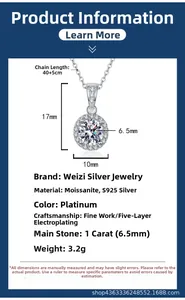 Detail specifications of 1ct moissanite S925 sterling silver necklace with dimensions