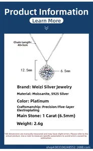 Detail view of S925 silver necklace with 1 carat Moissanite halo pendant dimensions