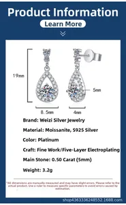 Detail of S925 sterling silver pear drop earrings with 0.5ct moissanite halo setting