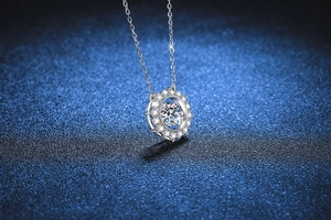 Close-up of dancing stone pendant necklace with shimmering halo and star-effect lighting