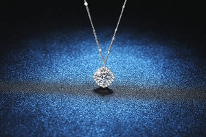 Macro shot of 1ct D-color moissanite necklace with square halo silver pendant