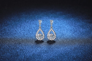 Close-up of S925 sterling silver teardrop earrings with sparkling moissanite stones
