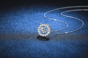 Detail of S925 silver necklace with dancing moissanite pendant on starry background