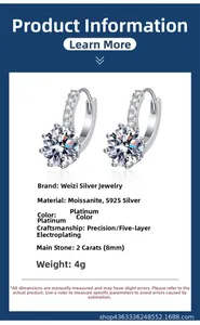 Detailed specs of S925 sterling silver earrings with 2-carat Moissanite in platinum finish
