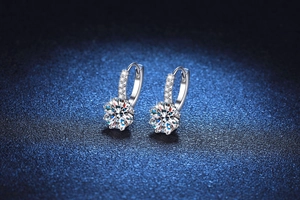 Macro view of D color moissanite earrings with sparkling stones and silver clasp