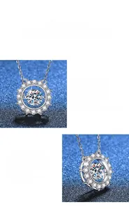 Macro shot of S925 sterling silver halo pendant with 1ct Moissanite and polished details