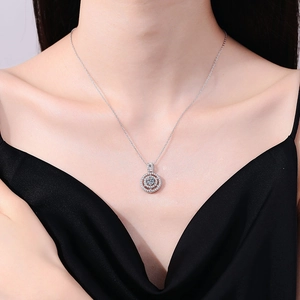 Classic S925 sterling silver necklace with double halo Moissanite pendant on neck