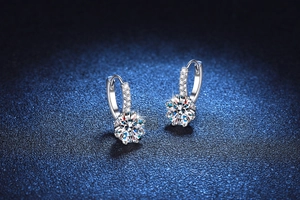 Detail of S925 sterling silver hoop earrings with 2 carat moissanite in eight-prong setting