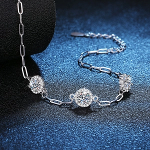 Classic S925 sterling silver chain bracelet with 1.5ct D color moissanite halo charms