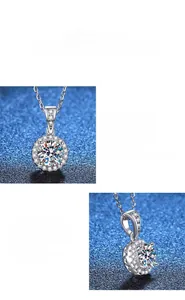 Macro detail of S925 silver halo pendant featuring a 1 carat round cut moissanite stone