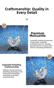 Detail of s925 silver heart necklace featuring a 0.3ct Moissanite with German polishing