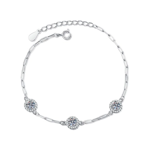 S925 sterling silver paperclip chain bracelet with three 1.5ct Moissanite halo pendants