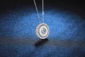 Macro shot of silver geometric pendant with double halo moissanite and mother of pearl