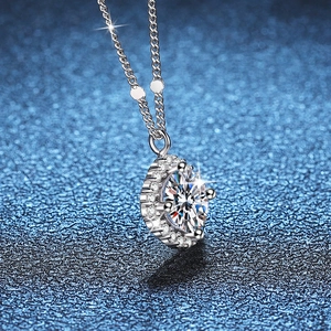 S925 sterling silver halo necklace with 1 carat moissanite oval pendant on blue background