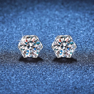 Classic S925 sterling silver six-prong moissanite stud earrings with a floral petal design
