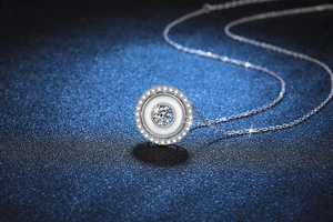 Close-up of S925 silver double circle necklace with moissanite and white shell inlay