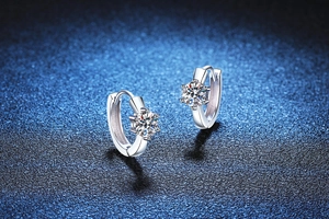 Dettaglio orecchini in argento 925 con moissanite e montatura a sei griffe su blu