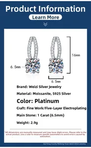 Detailed size specifications for 1ct Moissanite earrings in classic 4-claw S925 silver setting