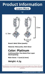 Detailed specs of 1 carat moissanite drop earrings in S925 sterling silver with dimensions