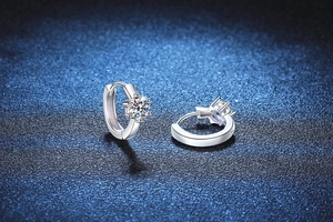 Dettaglio di orecchini a cerchio in argento S925 con moissanite e montatura a sei griffe