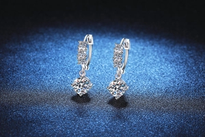 Macro detail of S925 sterling silver earrings featuring a 1ct moissanite drop and pavé stones