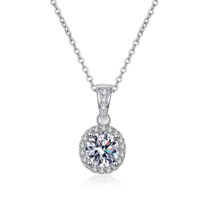 S925 sterling silver halo necklace featuring a 1-carat round brilliant moissanite pendant