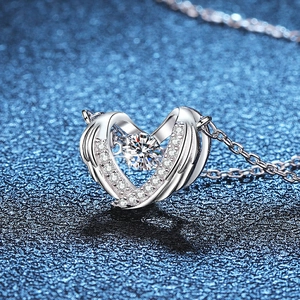 Elegant s925 silver necklace with heart-shaped angel wing pendant and moissanite stone