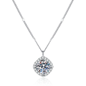 S925 sterling silver halo necklace featuring a 1 carat round moissanite square pendant
